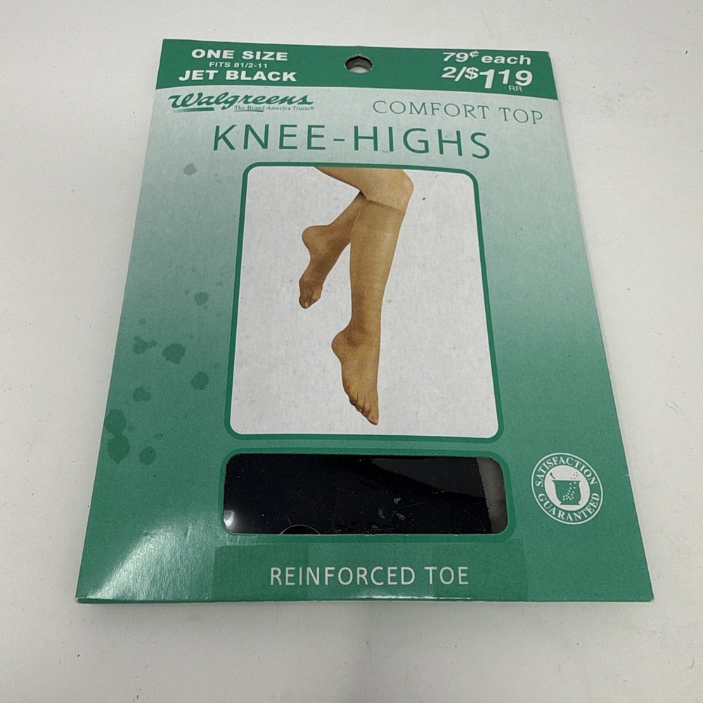 Vintage One Size Knee High Nylon Stockings Walgreens Jet Black NOS Fits 8.5-11